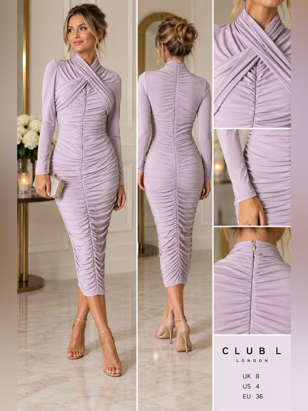 Club L London High-Neck Gathered Midi Dress Lilac